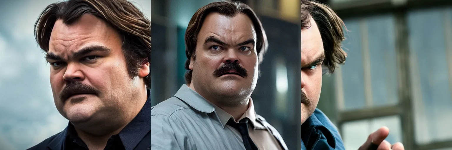 Prompt: close-up of Jack Black as a detective in a movie directed by Christopher Nolan, movie still frame, promotional image, imax 70 mm footage