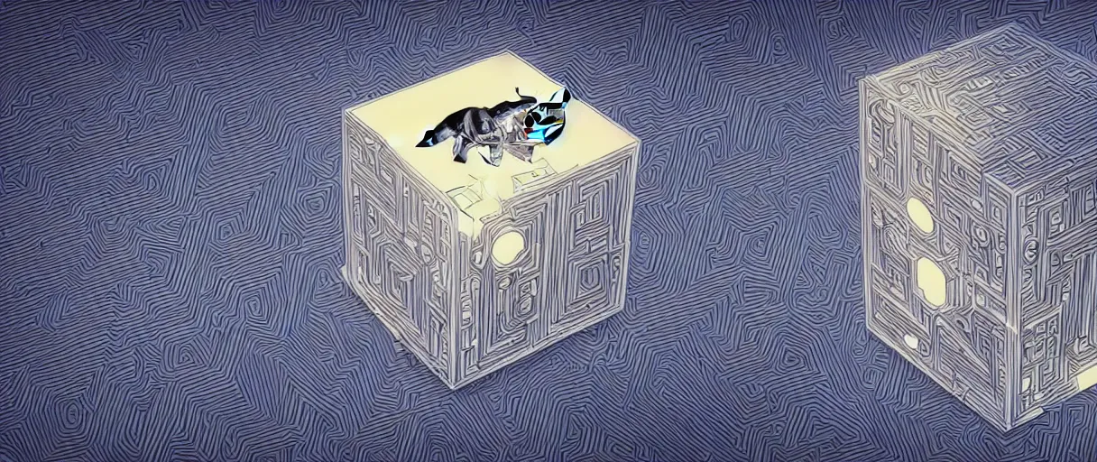 Image similar to futuristic illustarion of schrodinger's cat in a box, quantum paradox, dead and alive, quantum superposition, waves and particles, wave function, higher dimensions, concept art, artsation, mc escher, 4 k