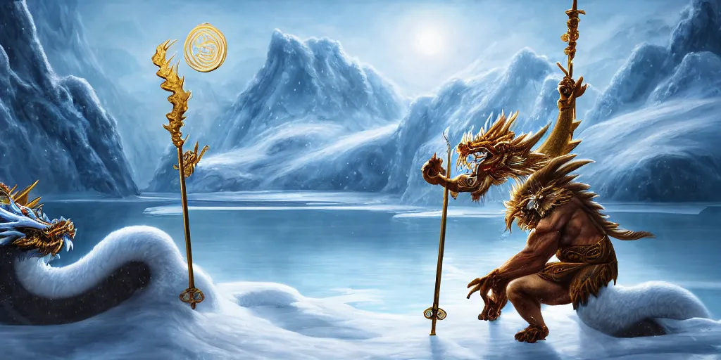 Image similar to a beautiful oil painting of a chinese dragon with white scales about the ice lake, sun wukong holding a long golden stick stand on the ice lake, surrounded by snow mountains and heavy snow, cinematic shots, aftereffects, epic, game cg style, trending on artstation, wide view, cinematic light, 8 k