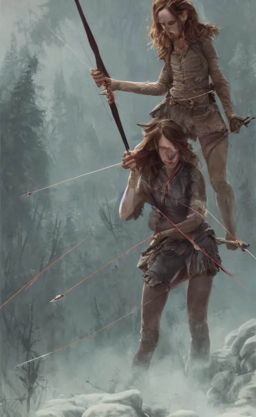 Image similar to portait of a emma watson archer shooting arrow at forest monster, front game card, drark, marvel comics, dark, intricate, highly detailed, smooth, artstation, digital illustration by ruan jia and mandy jurgens and artgerm and wayne barlowe and greg rutkowski and zdislav beksinski