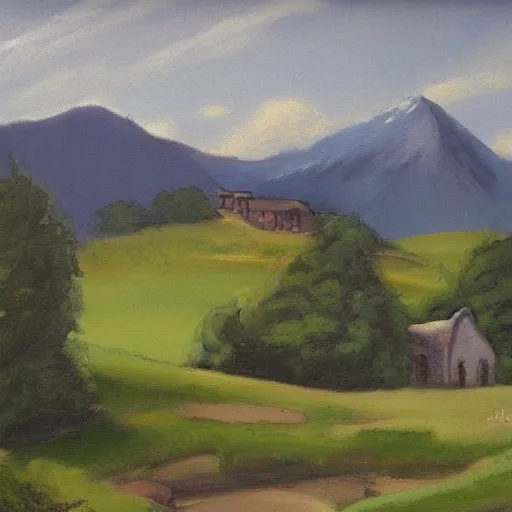 Image similar to landscape painting of bag - end, tolkein, painting by bob ross