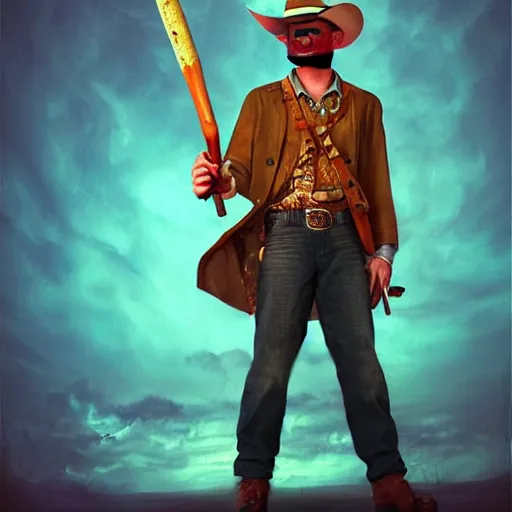 Image similar to Photorealistic cowboy with a bat as a moustache. Hyperdetailed photorealism, 108 megapixels, amazing depth, glowing rich colors, powerful imagery, psychedelic Overtones, 3D finalrender, 3d shading, cinematic lighting, artstation concept art