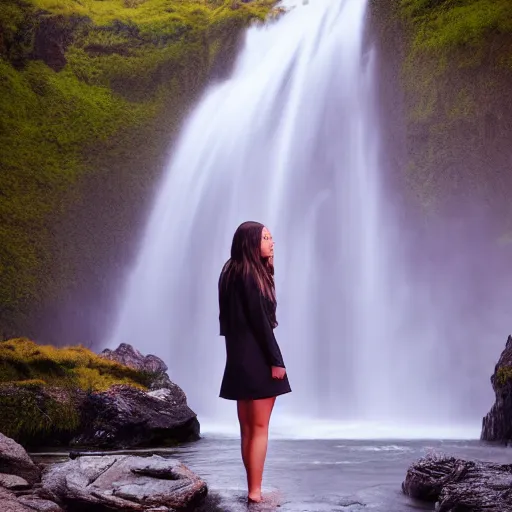 Image similar to a beautiful young woman, standing in a waterfall, hyper realistic, 8k, cinematic lighting, perfect symmetry, DSLR,