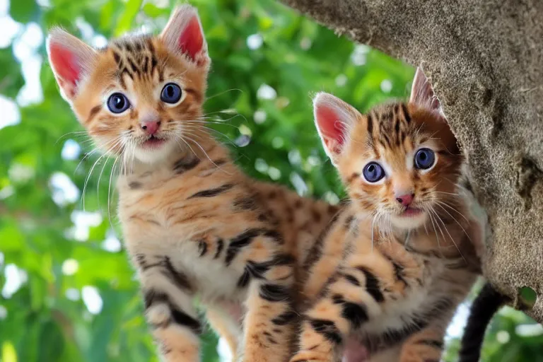 Prompt: bengal kittens that are in a tree and the kittens are looking directly into the camera