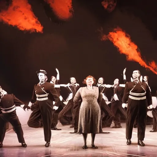 Image similar to award winning Production photo of the Hindenburg disaster the musical on broadway, dancing, singing, costumes by Julie Taymor, set design by Julie Taymor