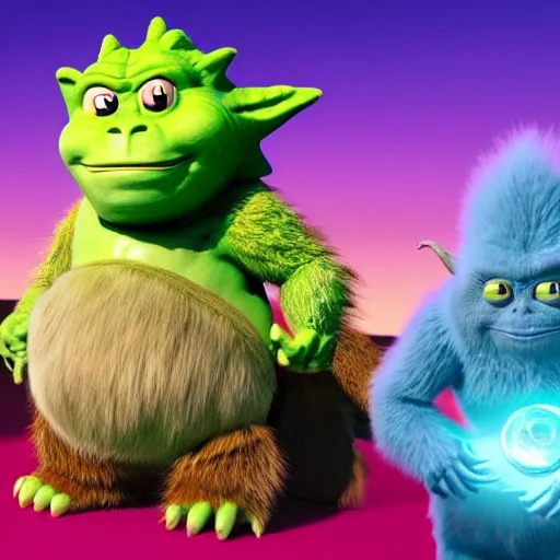 Image similar to elon musk godzilla yoda donkey kong pikachu yeti shrek spongebob homer groot rick sanchez elsa, highly detailed, extremely high quality, hd, 4 k, 8 k, professional photographer, 4 0 mp, lifelike, top - rated, award winning, cinematic, realistic, detailed lighting, detailed shadows, sharp, no blur, edited, corrected, trending