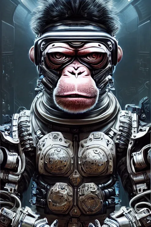 Image similar to a portrait of a muscular anthropomorphic cyberpunk monkey in spacesuit armor with ensignia on chest plate by sandra chevrier, by jon foster, detailed render, post - processing, extremely hyperdetailed, intricate, epic composition, cybernetics, 4 k realistic, cryengine, realistic shaded lighting, sharp focus, masterpiece, by enki bilal