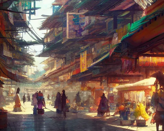 Image similar to colorful marketplace in a great, brutalist kitsune city, bamboo, anime, a fantasy digital painting by greg rutkowski and james gurney, trending on artstation, highly detailed