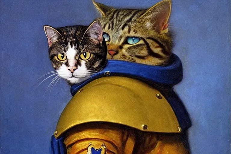 Prompt: a portrait of a cat as a Space Marine from the Warhammer 40k, ultramarine space marine cat, blue armor, glorious, masterpiece painting by Rembrandt.