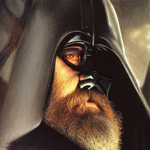 Image similar to darth vador as a dwarf in the lords of the rings by Alan Lee. mate painting, 4k, 8k