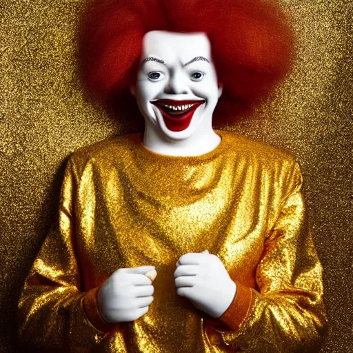 Image similar to extremely detailed studio portrait of ronald mcdonald surrended by gold, soft light, golden glow, award winning photo, 4 k