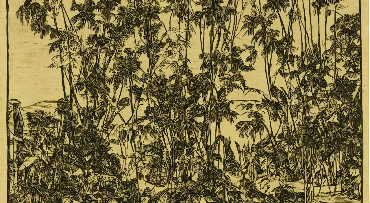 Prompt: a woodcut of the tropics made of orchids and timber by Endre Bálint and Barthel Bruyn the Younger