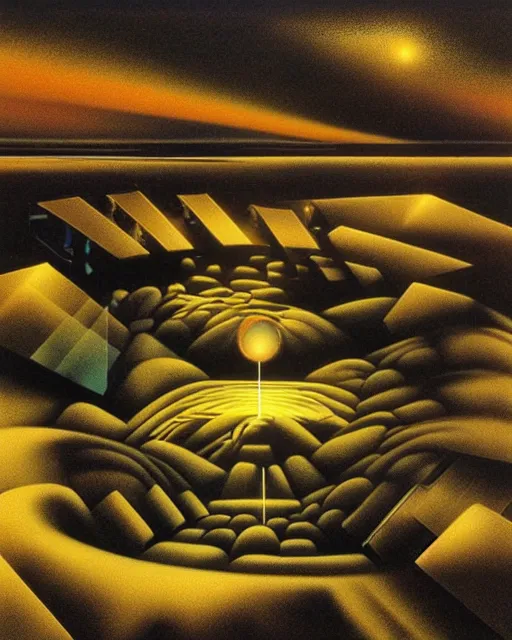 Image similar to a surrealist techno landscape made of synthesizer textures and parts, Jean-michel Jarre Oxygene, 1979, surrealist, photorealistic painting, highly detailed, moody, psychedelic, rule of thirds, golden ratio, 6:3:1