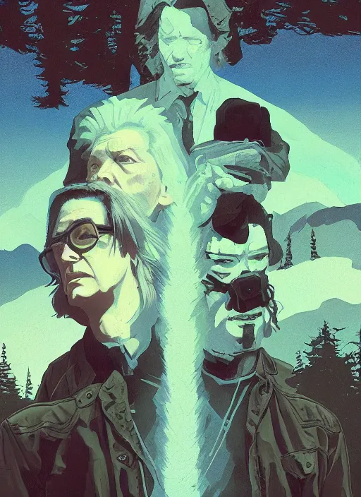 Prompt: Twin Peaks poster artwork by Michael Whelan and Tomer Hanuka, Rendering of Keanu Reeves the local sherif in Twin Peaks and Joe Rogan the lumberjack, full of details, by Makoto Shinkai and thomas kinkade, Matte painting, trending on artstation and unreal engine