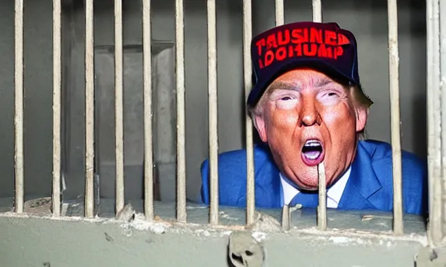 Image similar to full shot of donald trump in a dirty jail cell in guantanamo, by ken loach