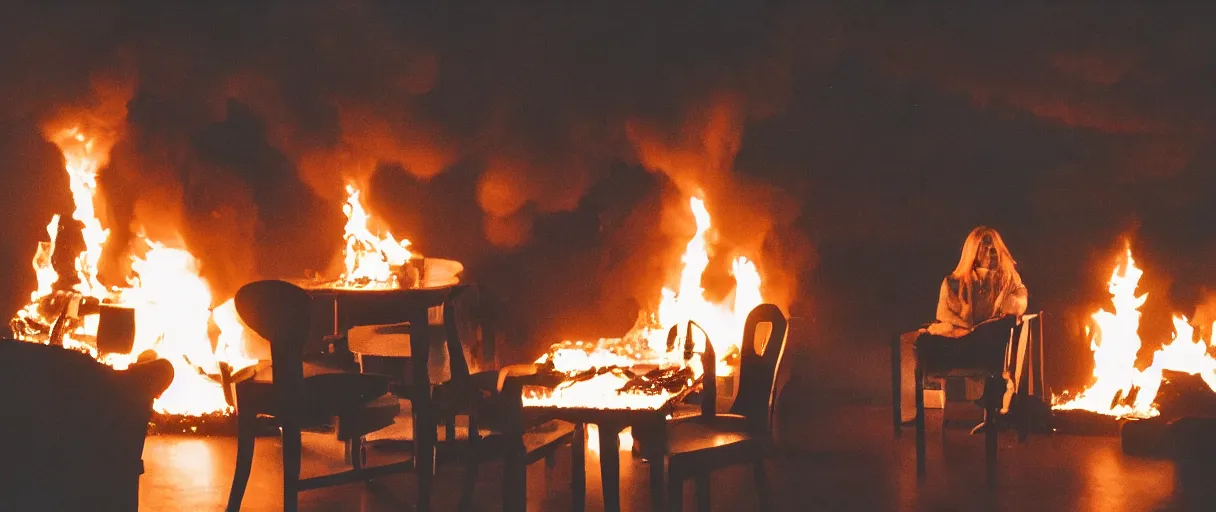 Image similar to a studio photograph (flash on) of a big fire on a dining room on fire, an human-like relaxed dog sitting on a wooden chair at a table (no fire at all there), lights on, ☕ on the table, surrounded by flames, a lot of flames behind the dog, black smoke instead of the ceiling, no watermark