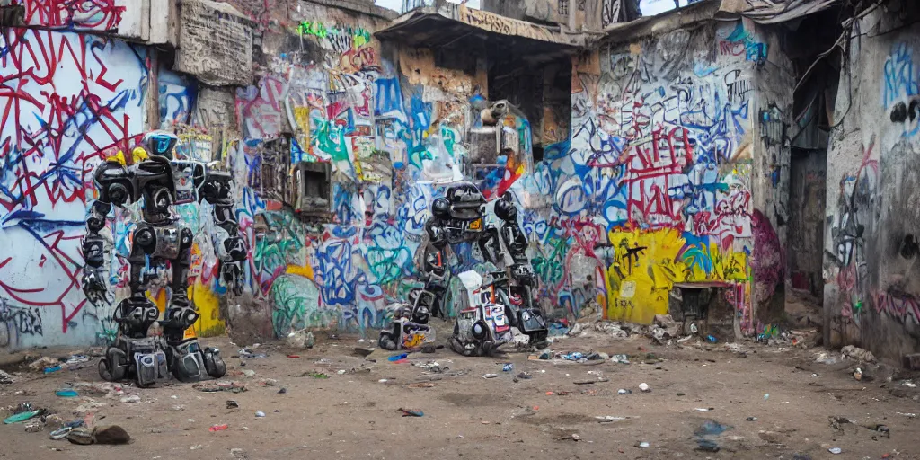 Image similar to giant mecha ROBOT of AJEGUNLE SLUMS of Lagos, graffiti on robots,