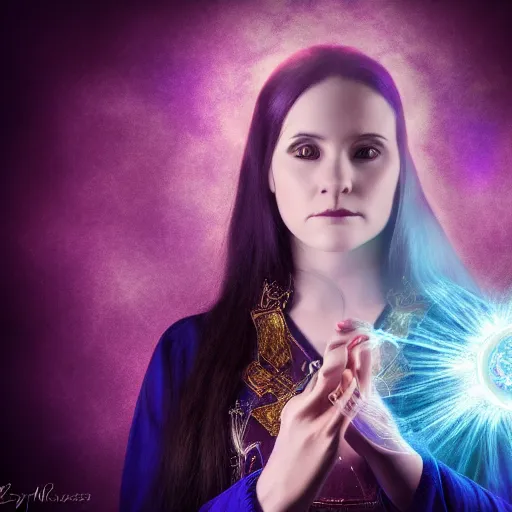 Image similar to portrait of a female warlock casting a magic spell, blueish aura by her side, mystic, fantasy, magic, award winning photography, hdr, studio lighting medium close shot, mucha style,