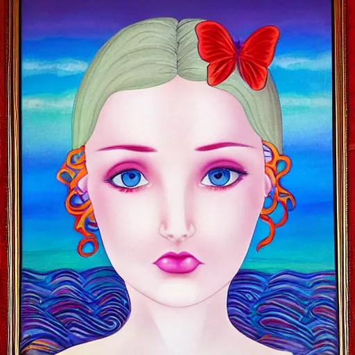 Prompt: beautiful young scottish woman with pale skin and blue eyes by lisa frank