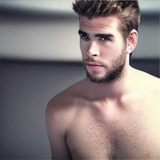 Image similar to “a realistic detailed photo of a guy who is an attractive humanoid who is half robot and half humanoid, who is a male android, Liam Hemsworth, shiny skin, posing like a statue, blank stare”