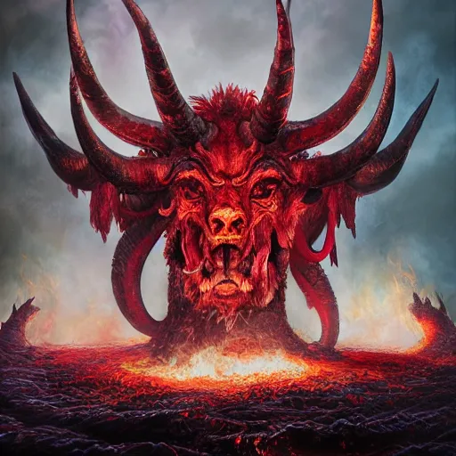 Image similar to A beast with seven heads rising from the sea of blood, ram horned oracle brings fire down from the sky, NGE dark fantasy, highly detailed, digital painting, volumetric light, 8k detailed