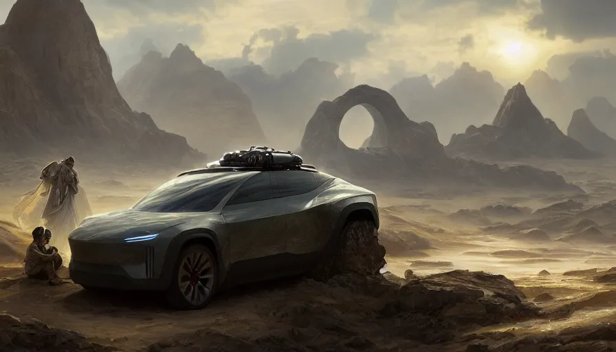 Image similar to a militarised electric suv designed by tesla driving through socotra island, artgerm and greg rutkowski and alphonse mucha, an epic fantasy, volumetric light, detailed, establishing shot, an epic fantasy, trending on art station, octane render, midsommar