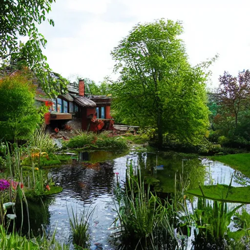 Image similar to earthship house with pond and cottage garden