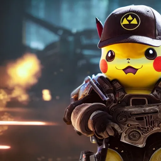 Prompt: pikachu! in Gears of War, splash art, movie still, cinematic lighting, dramatic, octane render, long lens, shallow depth of field, bokeh, anamorphic lens flare, 8k, hyper detailed, 35mm film grain