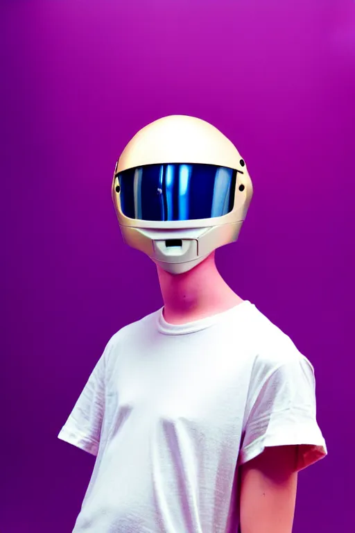 Image similar to a high definition film photograph of a normal androgynous robot human wearing a plain white t - shirt, in a pastel pink room. happy. metal visor covering eyes. metallic shiny gold coloured helmet. crushed shadows.