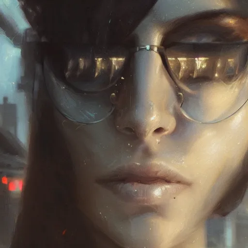 Prompt: closeup portrait of a beautiful assassin, cyberpunk, sunglasses, megacity background, painted by seb mckinnon, painted by greg rutkowski, digital art, trending on artstation