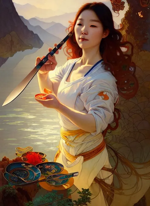 Prompt: stunning portrait of a south korean female chef holding magical kitchen knives, beautiful rivers of energy flowing in background, by peter mohrbacher and alphonse mucha and loish, 4 k, high resolution, intricate, hyperdetailed, photorealistic, artstation, smooth, sharp focus