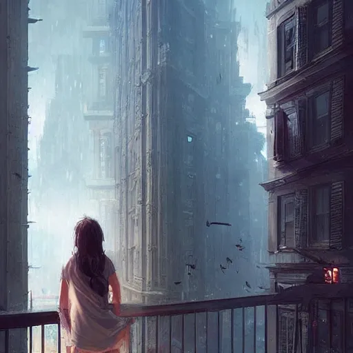 Image similar to window, eye, women, buildings, scared, by wlop, artgerm, greg rutkowski