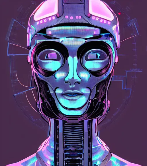 Image similar to cyborg woman with a hologram for a head, techwear, dead space, visible face, Industrial Scifi, detailed illustration, character portrait, by Martin Grip and Moebius