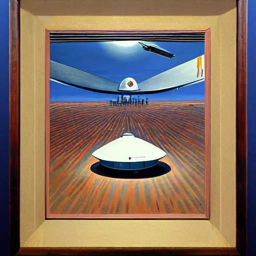 Prompt: painting of ufo encounter experiencer, charles abel corwin, frank lloyd wright, don ivan punchatz, highly detailed, hyper realism, sharp focus