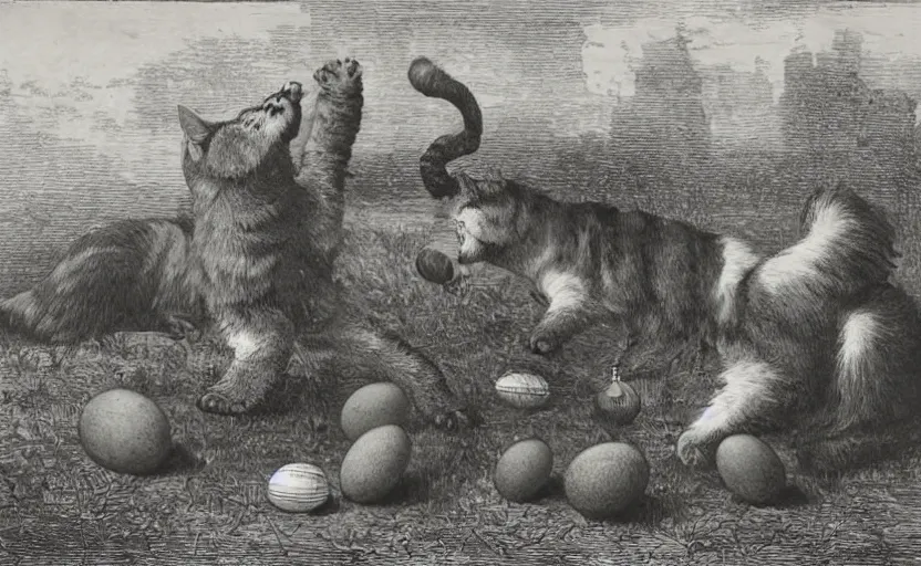 Image similar to huge cat guarding it's eggs from the business men. strange, photograph, photorealistic, 1850s