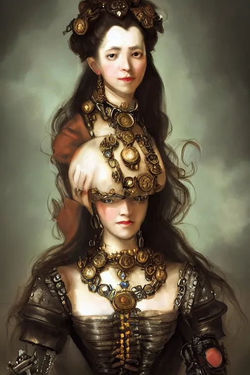 Prompt: portrait, headshot, digital painting, of a 17th century, beautiful cyborg girl merchant, dark hair, amber jewels, baroque, ornate clothing, scifi, futuristic, realistic, hyperdetailed, chiaroscuro, concept art, art by frans hals