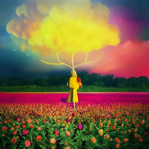 Image similar to giant dahlia flower as head, full body girl standing in a flower field, surreal photography, sunrise, dramatic light, impressionist painting, colorful clouds, digital painting, artstation, simon stalenhag