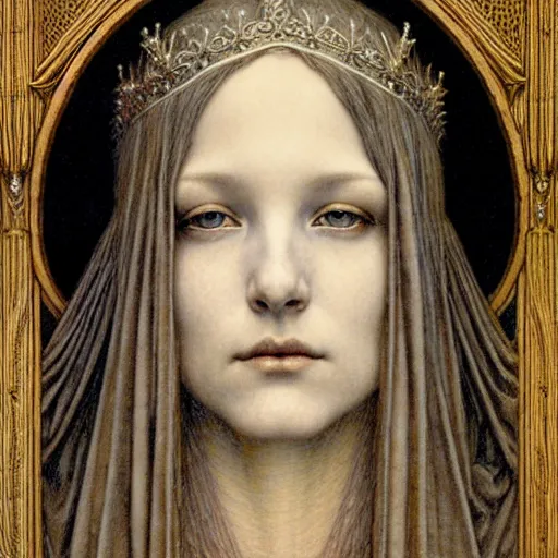 Image similar to detailed realistic beautiful young medieval queen face portrait by jean delville, gustave dore and marco mazzoni, art nouveau, symbolist, visionary, gothic, pre - raphaelite. horizontal symmetry