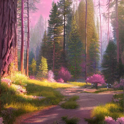 Image similar to solace hermatige cottage peaceful clouds beautiful woods trees pine, nice view, gradient of pink and blue, mystical realistic poster with shaded lighting by craig mallismo, artgerm, jeremy lipkin and michael garmash, unreal engine, radiant light, detailed and complex environment city utopia