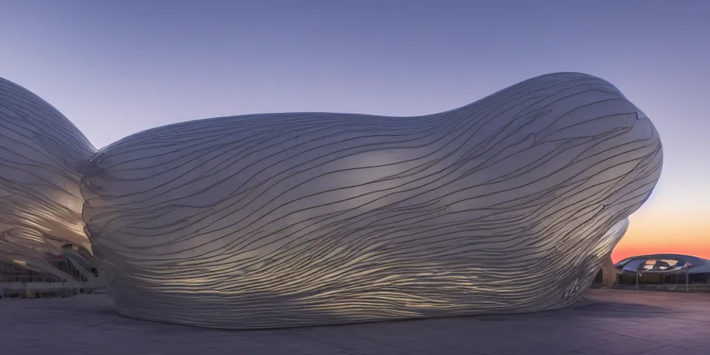 Image similar to extremely detailed awe stunning beautiful futuristic smooth curvilinear museum exterior, translucent gills, stunning volumetric light, stainless steel, concrete, translucent material, beautiful sunset, hyper real, 8k, colorful, 3D cinematic volumetric light, atmospheric light