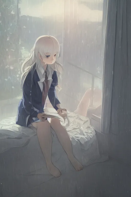 Image similar to a girl in a jk uniform outfit in the bedroom reading a book in a night, raining outside the window, grey theme ， wavy white long hair, by krenz cushart and mucha and akihito yoshida and greg rutkowski and makoto shinkai, detailed eyes, 4 k resolution