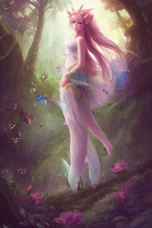 Image similar to a cute and geogerous fairy in the dreamy forest, fantasy, dreamlike, 8 k resolution, hyper detailed, d & d, character design, digital painting, trending on artstation, sharp focus, illustration, art by viktoria gavrilenko, hoang lap, fuji choko, steve zheng,