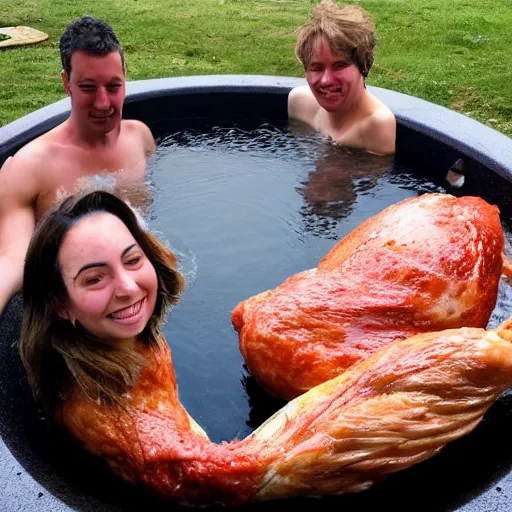 Image similar to photo of the world\'s largest raw chicken in a hot tub, with some humans around it