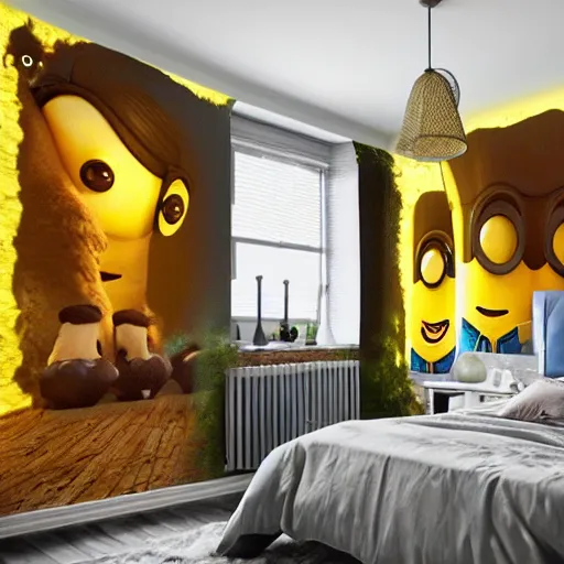 Prompt: a cozy bedroom interior with wall murals of giant minions, detailed, high resolution, wow!, intricate, volumetric lighting, raytracing