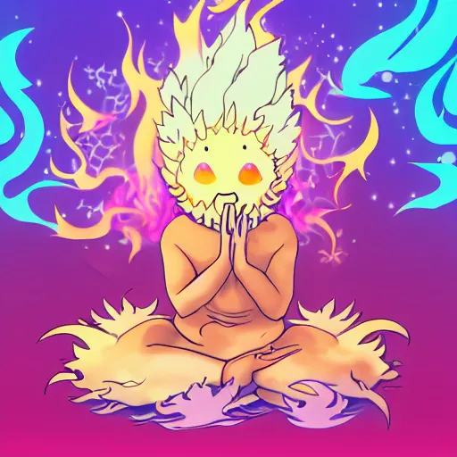 Image similar to fluffy popcorn elemental spirit anime character with a smiling face and flames for hair, sitting on a lotus flower, clean composition, symmetrical