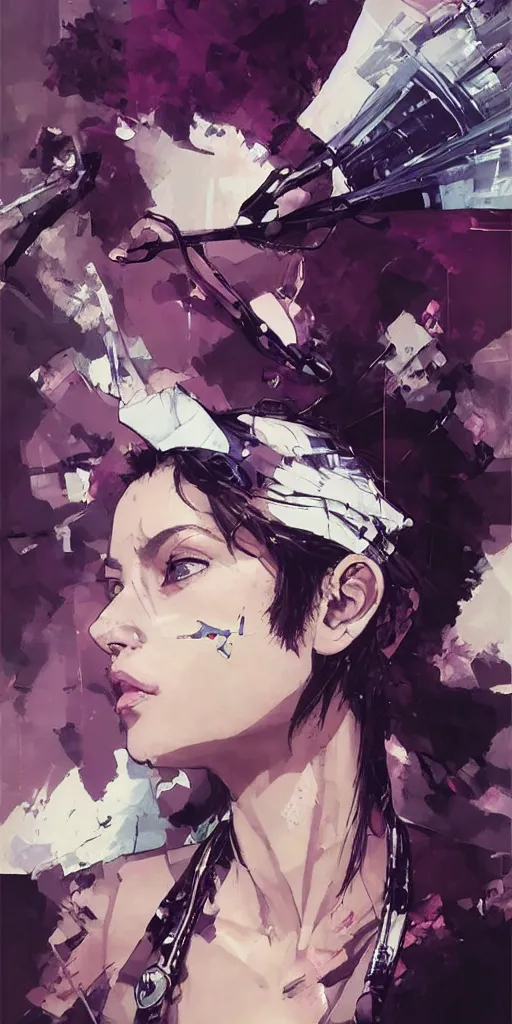 Image similar to a beautiful side portrait painting of an angelical nurse. she has a purple cross in her forehead. looks like an angel. art by yoji shinkawa and sandra chevrier, trending on artstation, award - winning, perfect composition.