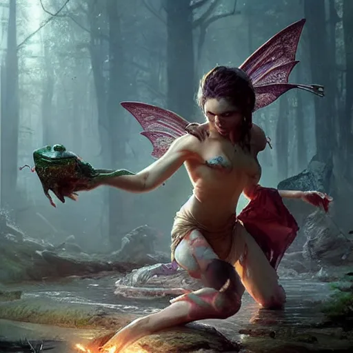 Image similar to scary godlike fairy killing a frog , muscular , upper body , epic , traditional makeup , gorgeous features , Post-processing , low angle , Greg rutkowski legendary matte painting , masterpiece