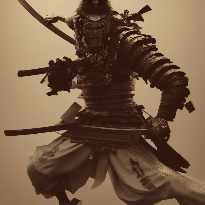 Image similar to a samurai firing a machine gun, au naturel, intricate, hyper realise, digital art, artstation, concept art, smooth render, sharp focus, ian sprigger, popularity choi, nixeu