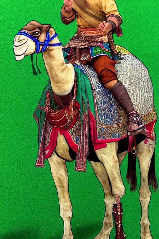 Prompt: arabian warrior, ride camel he use green turf and flag, realistic, sketch and art by jacqueline e, color by bo feng lin