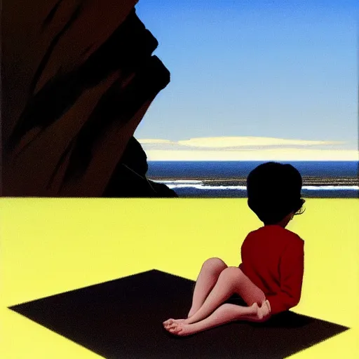 Prompt: asymmetrical, 6 year old girl kneels at edge of cliff facing a gigantic son, by jack vettriano,